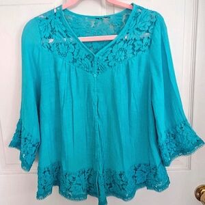 Women's Medium Boho Peasant Hippie Festival Gauze Lace Blouse Top